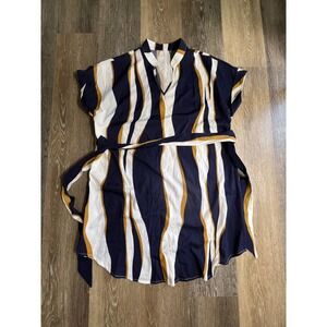 Abstract Stripe Shift Dress Womens US large Blue Yellow Excellent Belted